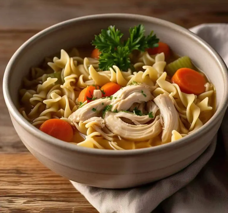 A bowl of steaming chicken noodle soup with fresh vegetables and herbs.