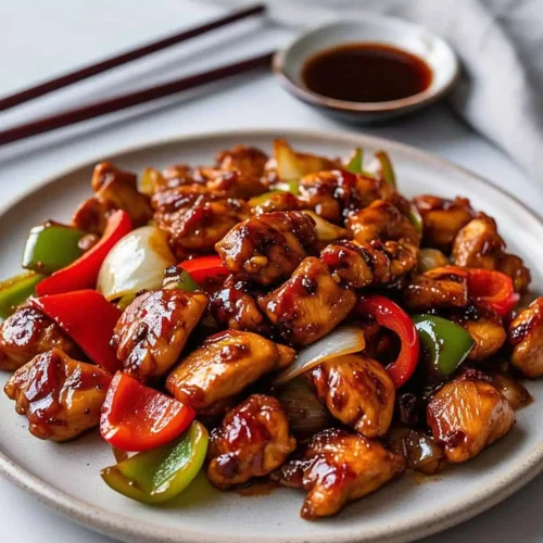 A plate of Black Pepper Chicken stir-fry with bell peppers and onions served over steamed rice.