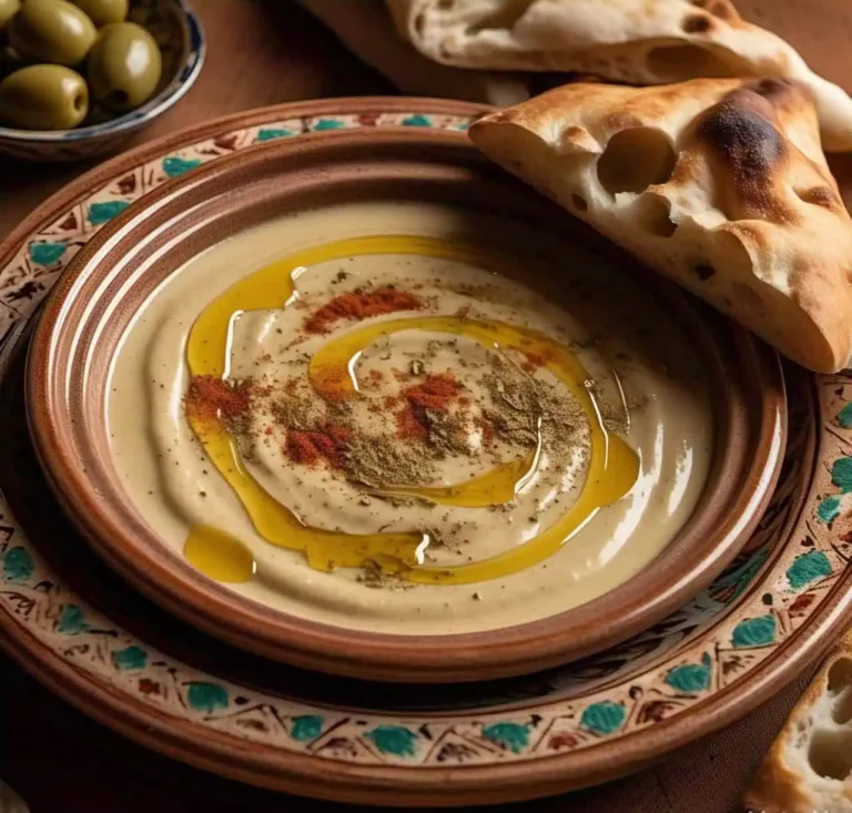 A bowl of creamy Moroccan Bisara garnished with olive oil and cumin.