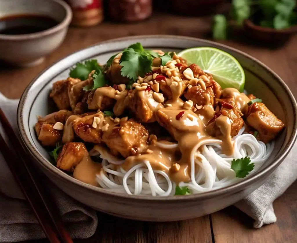A bowl of Peanut Lime Chicken with Noodles garnished with lime wedges and chopped peanuts.