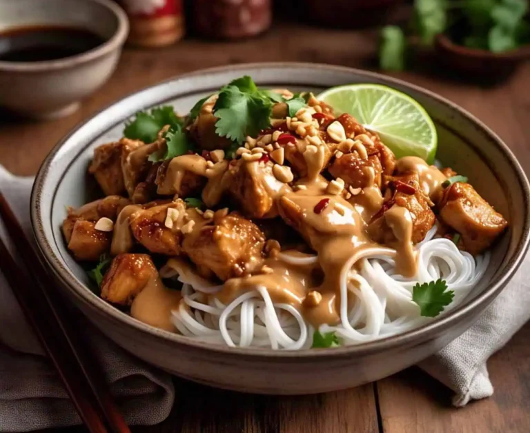 A bowl of Peanut Lime Chicken with Noodles garnished with lime wedges and chopped peanuts.