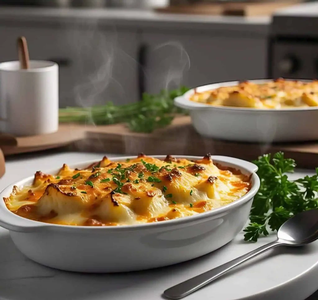 A golden, cheesy potatoes gratin in a baking dish with a crispy top.