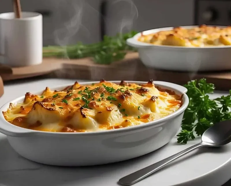 A golden, cheesy potatoes gratin in a baking dish with a crispy top.