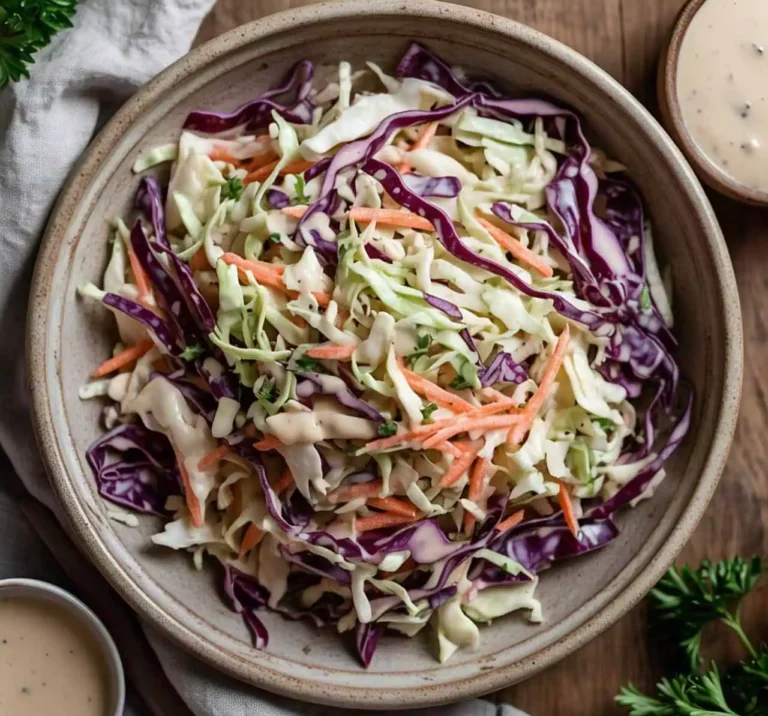 A bowl of fresh, homemade coleslaw with shredded cabbage, carrots, and creamy dressing.