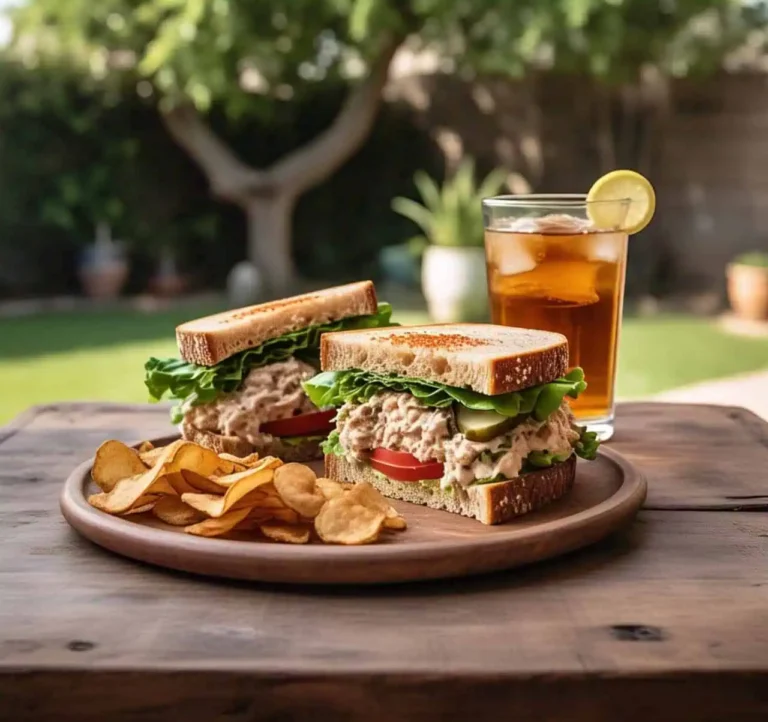 A classic tuna salad sandwich served on whole wheat bread with lettuce and tomato.