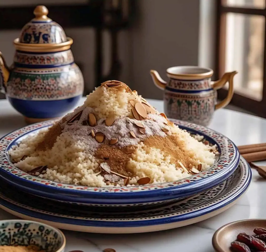 A beautifully plated Moroccan Seffa with powdered sugar, cinnamon, and toasted almonds.
