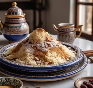 A beautifully plated Moroccan Seffa with powdered sugar, cinnamon, and toasted almonds.