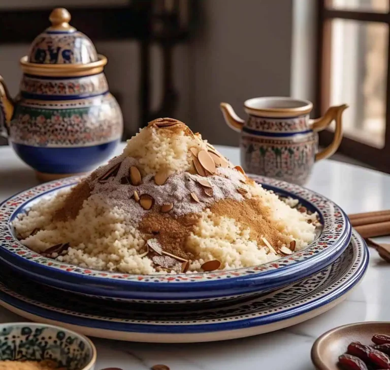 A beautifully plated Moroccan Seffa with powdered sugar, cinnamon, and toasted almonds.