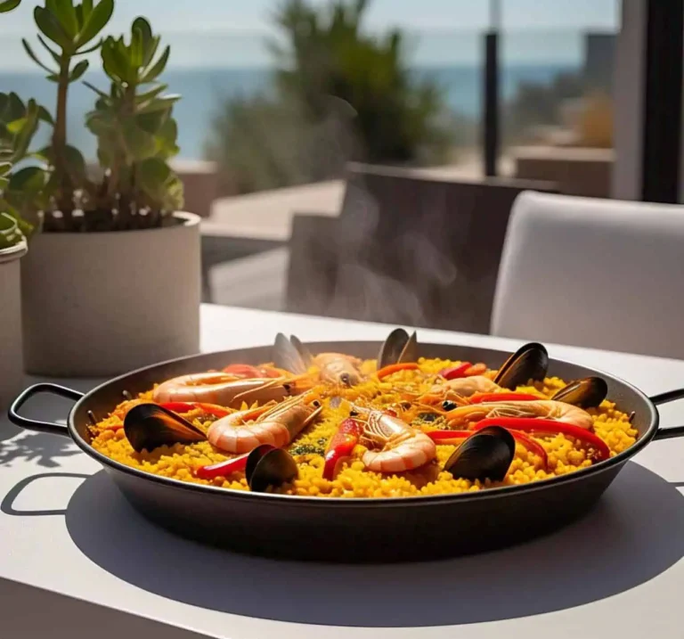 A traditional Spanish paella in a large pan with seafood and saffron-infused rice.