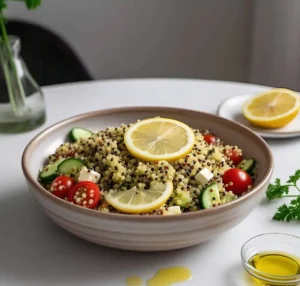 A colorful quinoa salad with fresh vegetables, herbs, and a light dressing.