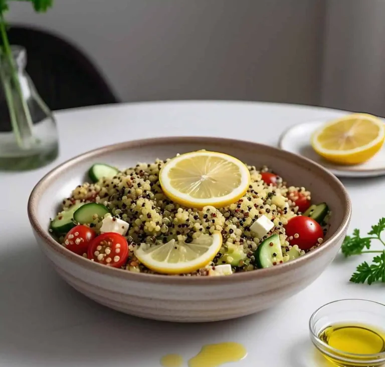 A colorful quinoa salad with fresh vegetables, herbs, and a light dressing.
