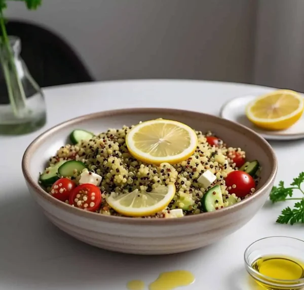 A colorful quinoa salad with fresh vegetables, herbs, and a light dressing.