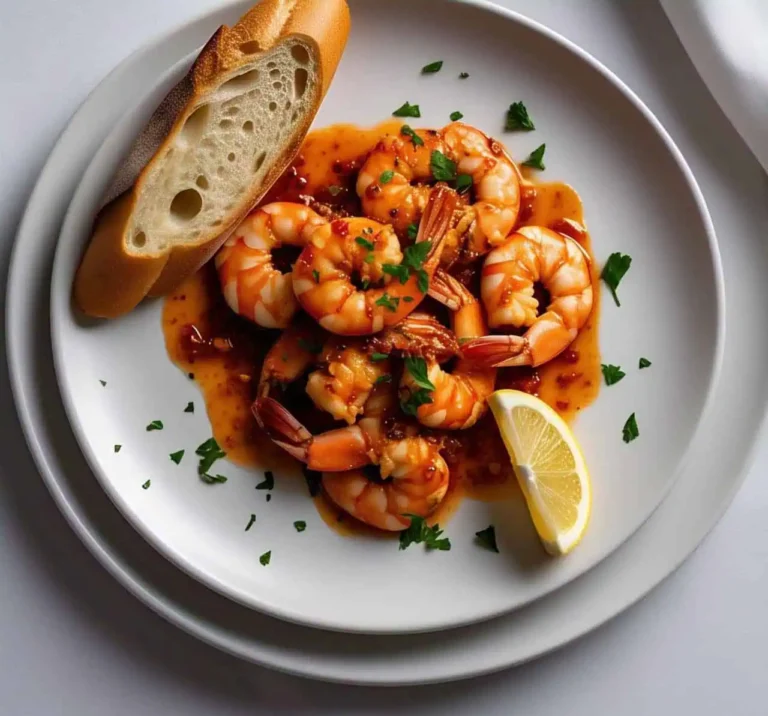 A plate of Crevette Pile Pile shrimp garnished with fresh herbs and lemon wedges.