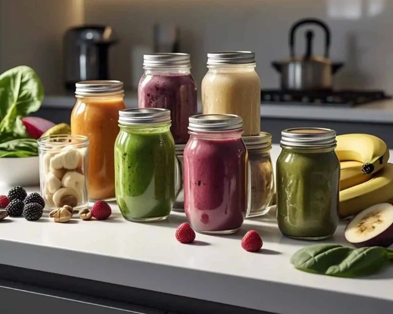 A colorful variety of smoothies in glass jars with fresh fruits and vegetables.