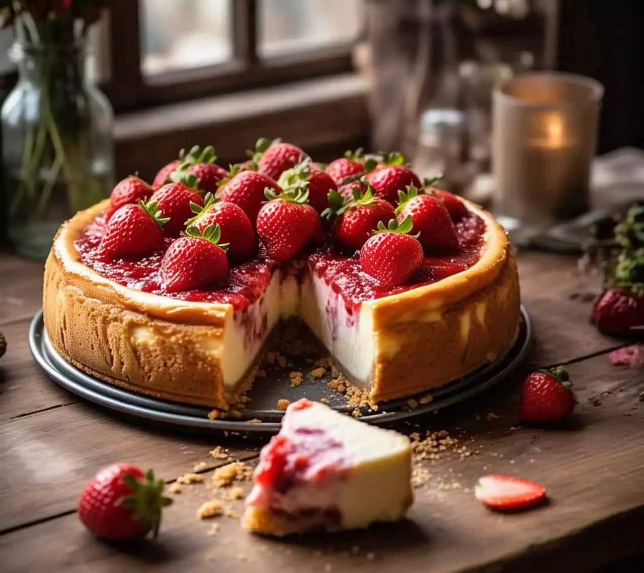 A classic strawberry cheesecake with fresh strawberry topping