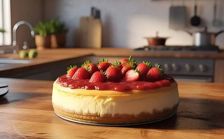 A classic strawberry cheesecake with fresh strawberry topping