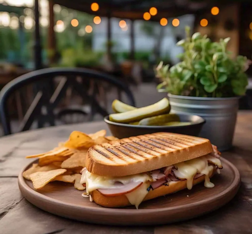 Crispy, golden-brown panini with melted cheese and ham on a wooden plate.