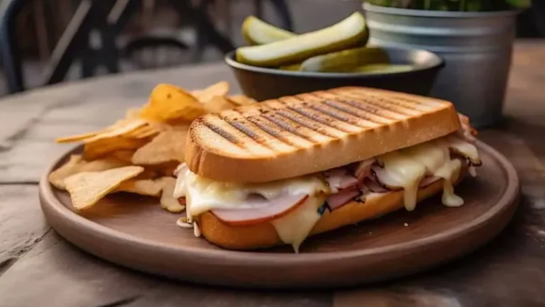 Crispy, golden-brown panini with melted cheese and ham on a wooden plate.