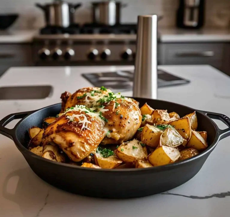 A golden, crispy Garlic Parmesan Chicken and Potatoes dish served in a cast iron skillet.
