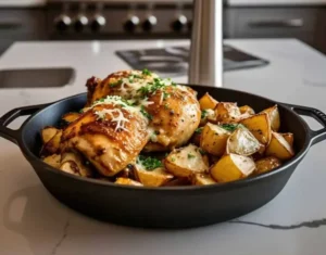 A golden, crispy Garlic Parmesan Chicken and Potatoes dish served in a cast iron skillet.