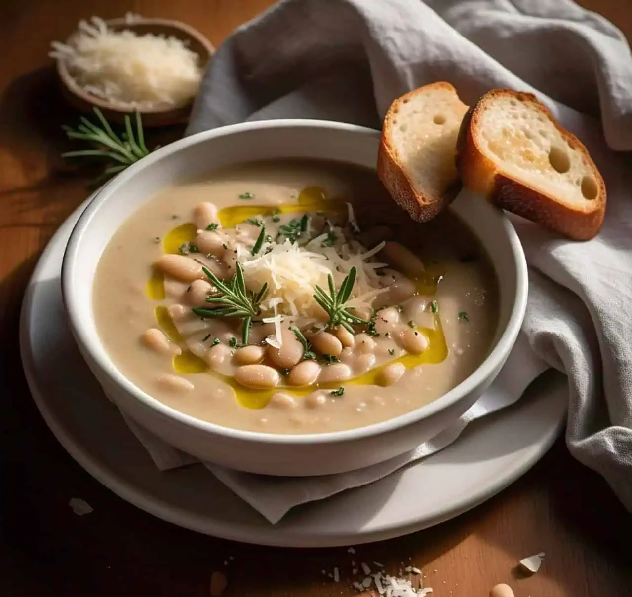 A bowl of Tuscan White Bean Soup garnished with Parmesan and fresh herbs.