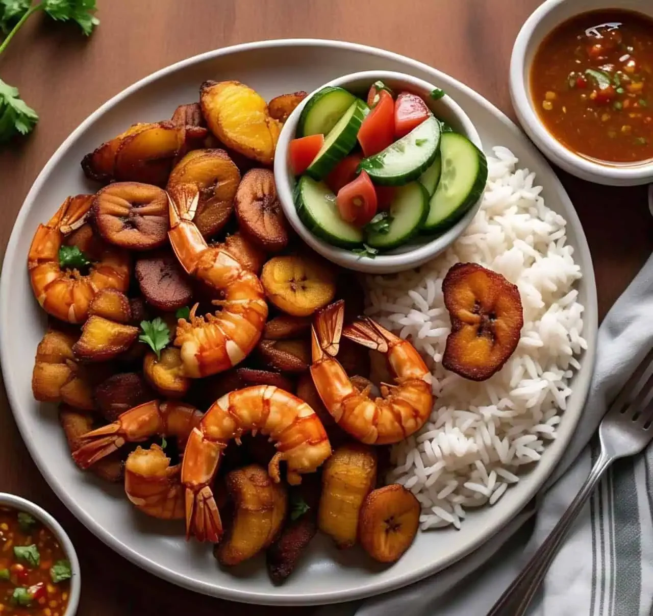 Crevette Pile Pile served with rice,and a side of dipping sauce.