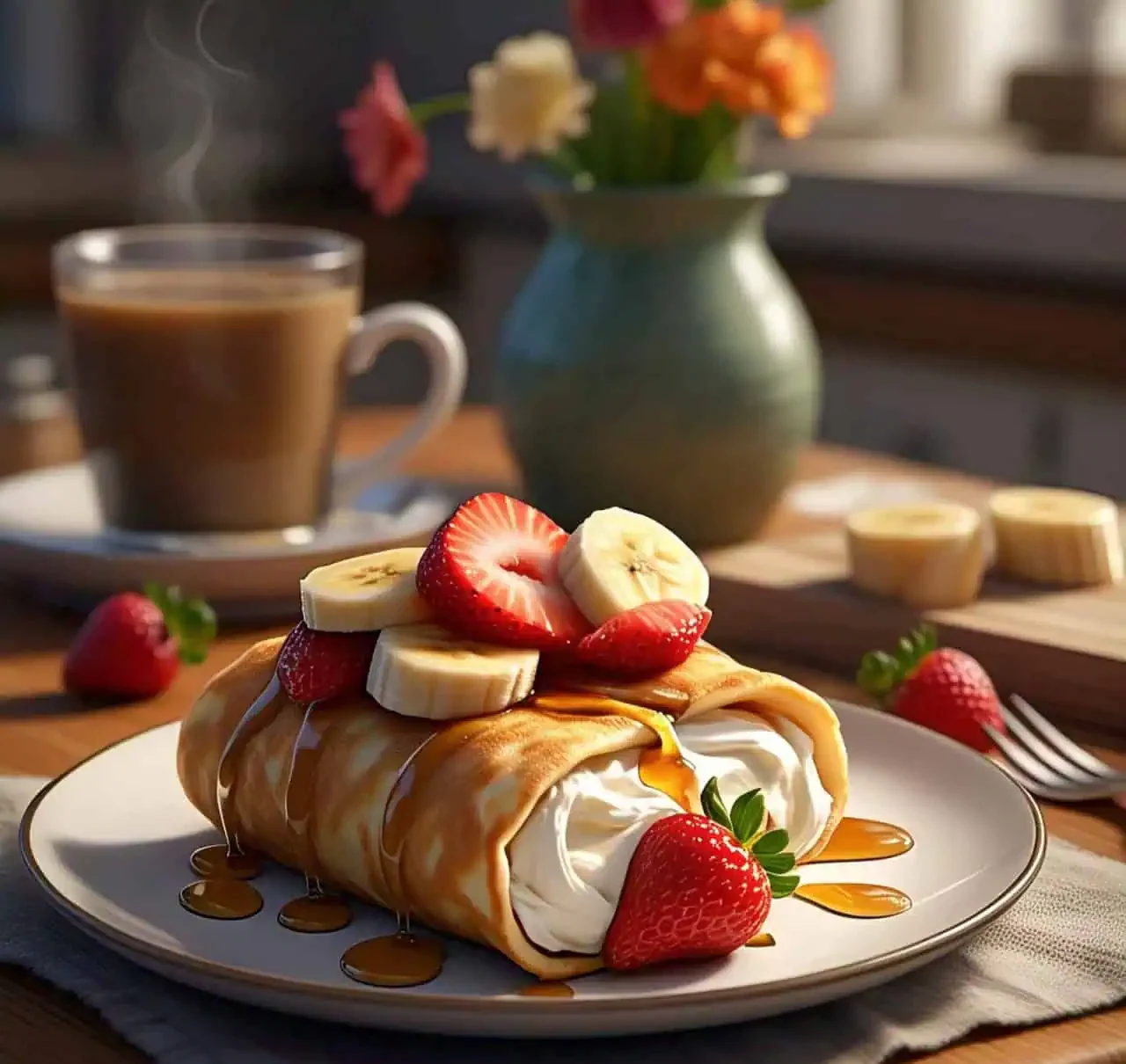 A crepe topped with cream cheese filling, fresh fruit, and syrup.