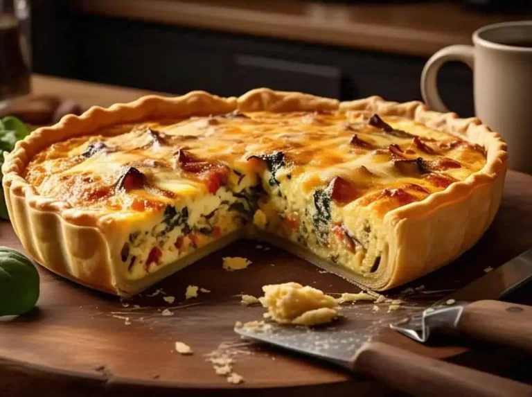 A freshly baked quiche with golden crust and creamy filling, sliced to reveal layers of cheese, eggs, and vegetables.