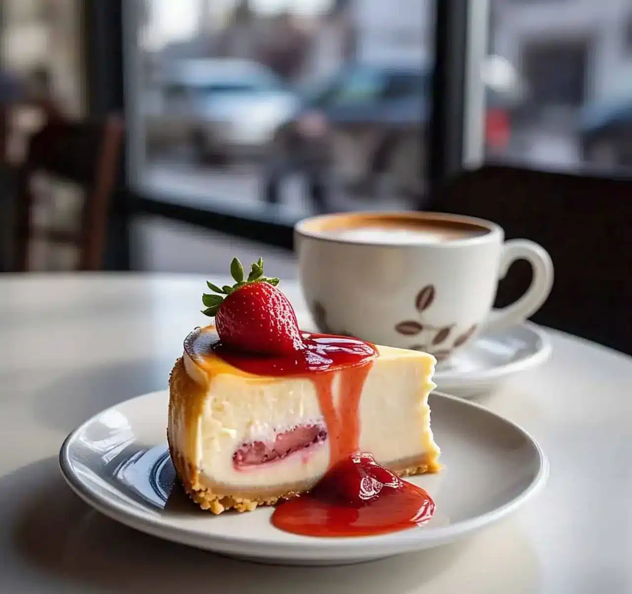 A slice of strawberry cheesecake on a plate with fresh strawberries