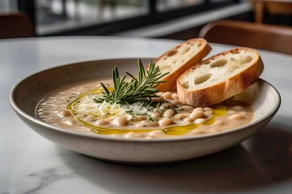A warm bowl of Tuscan White Bean Soup with fresh herbs and crusty bread.