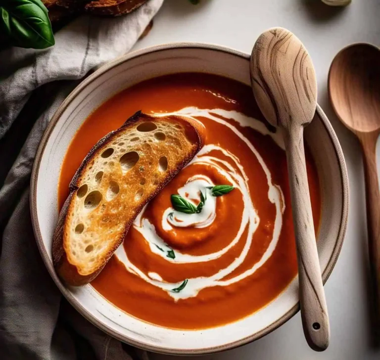 A bowl of creamy tomato basil soup garnished with fresh basil and a drizzle of cream.