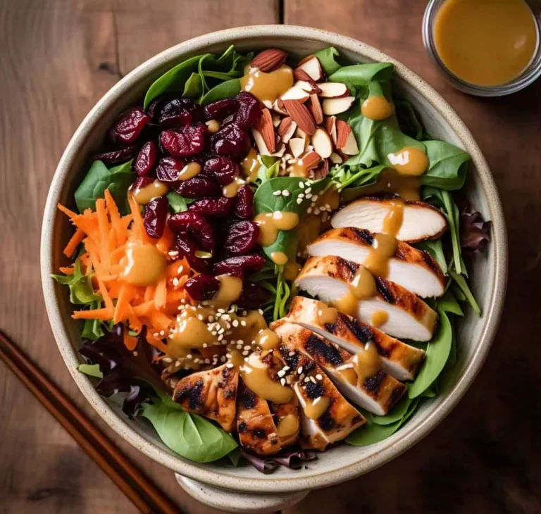 A bowl of Asian Chicken Cranberry Salad with fresh greens, cranberries, nuts, and sesame dressing.