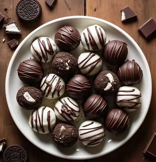 A plate of homemade Oreo truffles coated in chocolate with a drizzle on top.