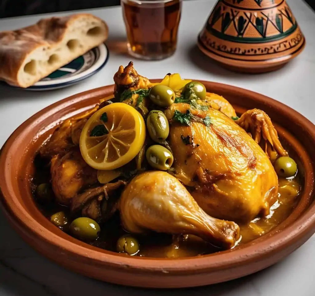 Traditional Moroccan Chicken Tajine with olives and preserved lemons.