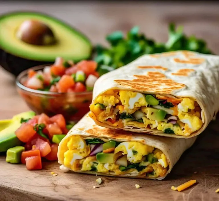 A stack of breakfast burritos cut in half, showing eggs, cheese