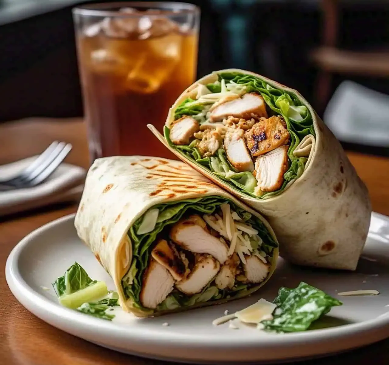 A Chicken Caesar wrap cut in half, served with a side of dressing.