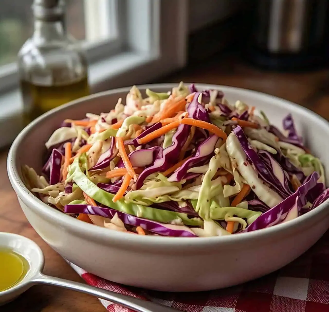 A tangy vinegar-based coleslaw in a white serving bowl, garnished with parsley.