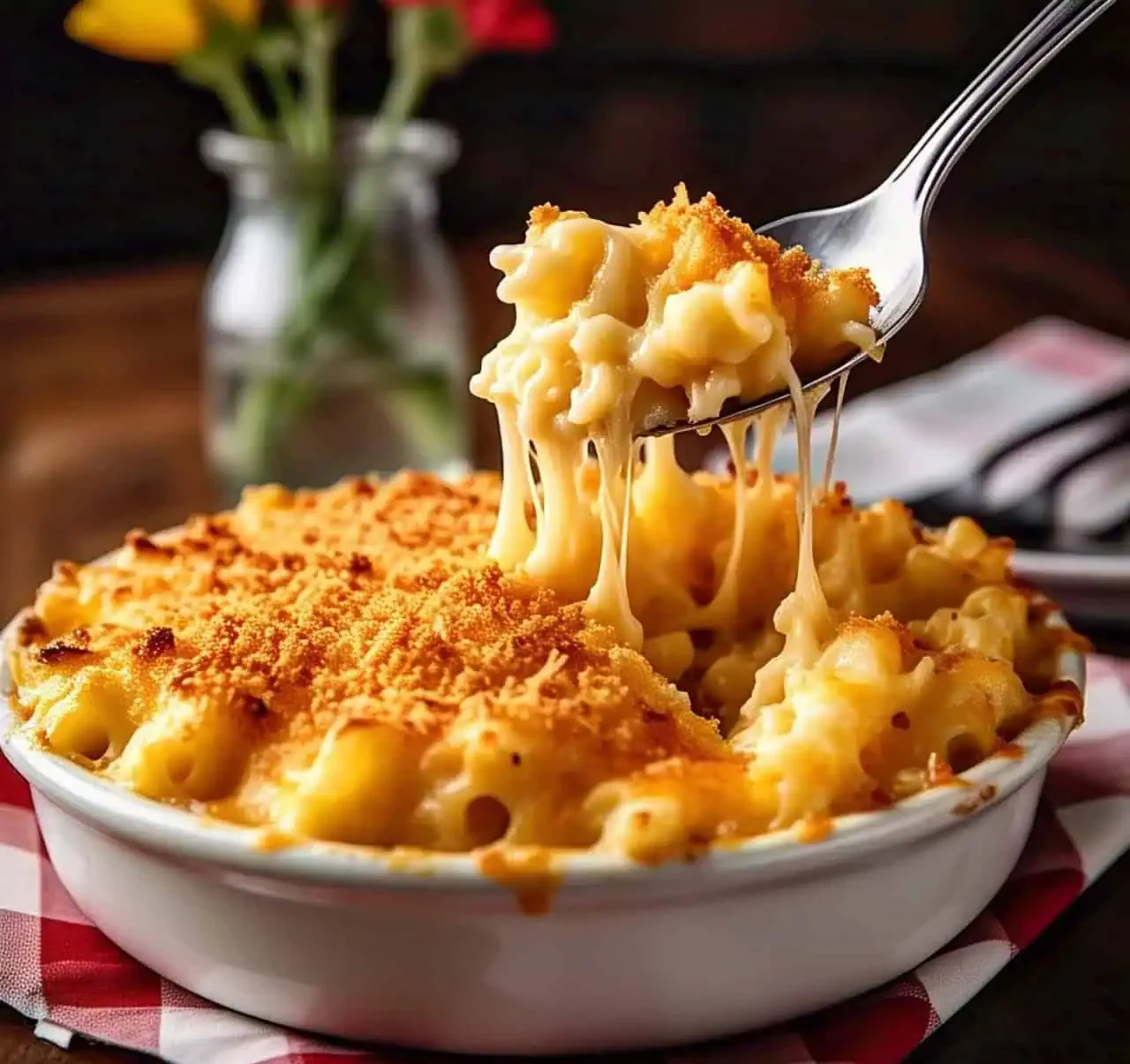 A casserole dish with baked mac and cheese, golden brown and crispy on top.