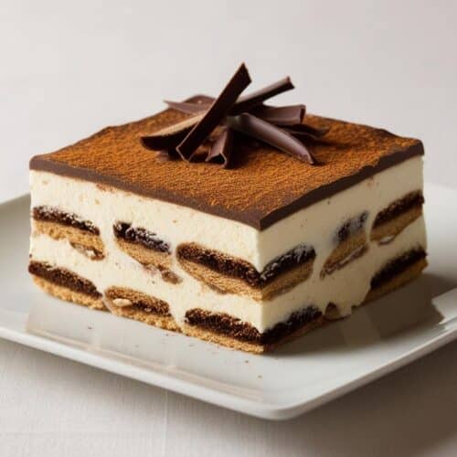 Slice of tiramisu on a plate showing layers of mascarpone and espresso-soaked ladyfingers.