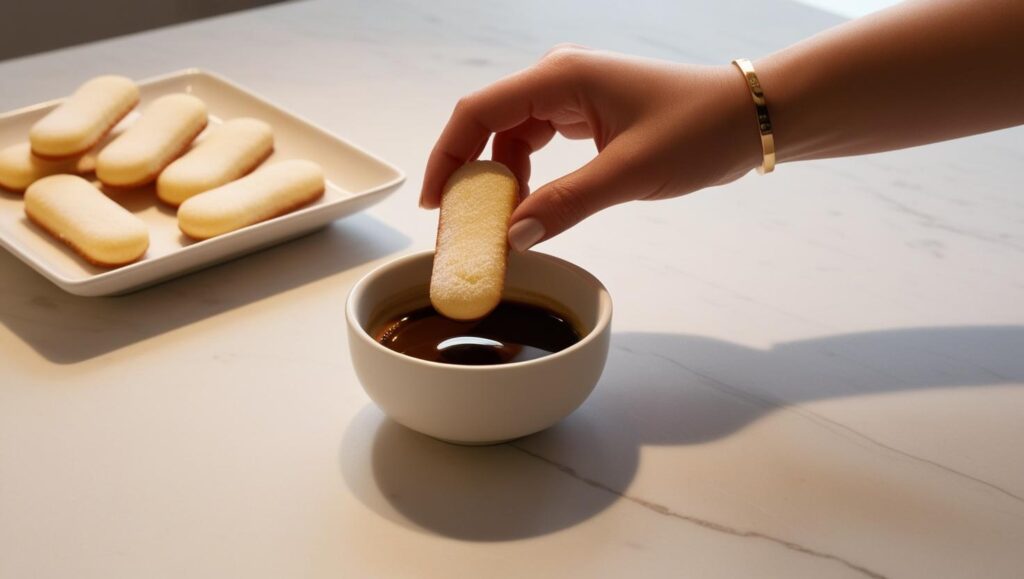 Classic Tiramisu: The Best Italian Recipe 3 Ladyfingers being dipped into espresso to prepare tiramisu layers.