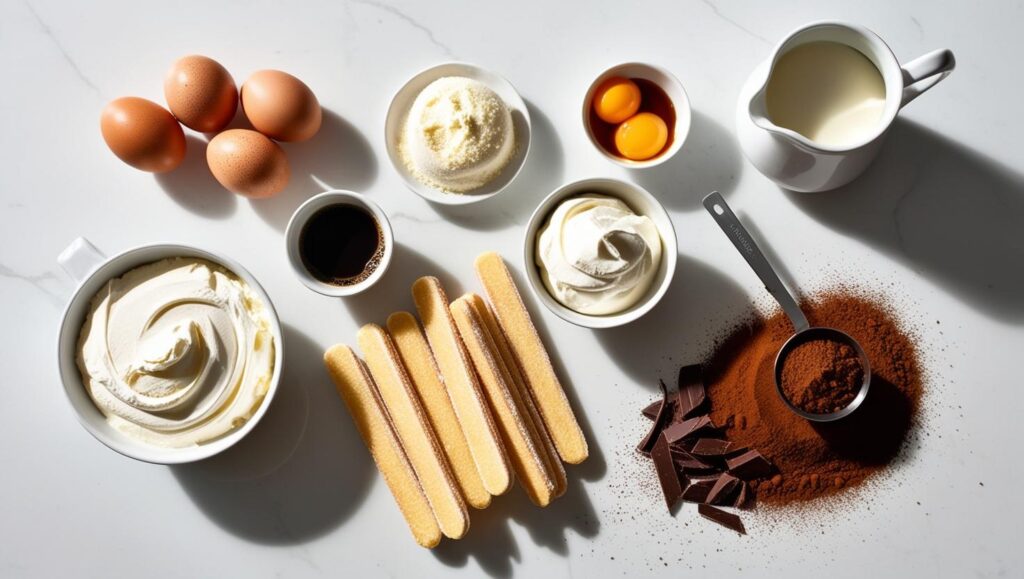 Classic Tiramisu: The Best Italian Recipe 2 Ingredients for classic tiramisu including eggs, sugar, mascarpone, espresso, ladyfingers, and cocoa powder.