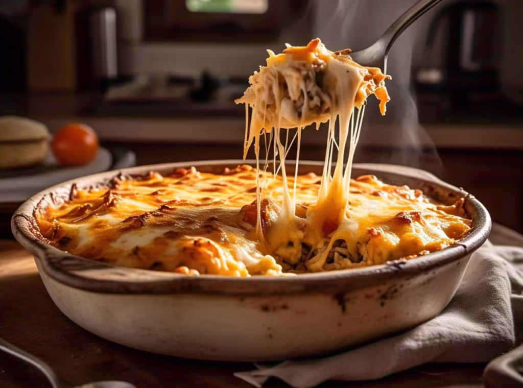 A cheesy, golden-brown King Ranch Casserole in a baking dish, ready to serve.