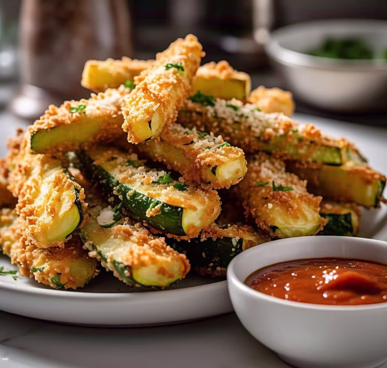 A plate of golden, crispy baked zucchini fries served with marinara sauce.