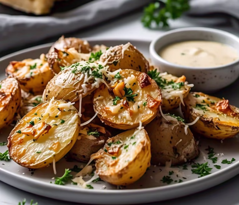 A plate of golden-brown garlic parmesan roasted potatoes garnished with fresh parsley.