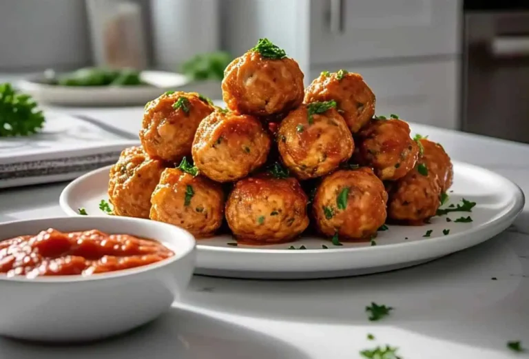 A plate of golden-brown 3-Ingredient Chicken Meatballs served with dipping sauce.