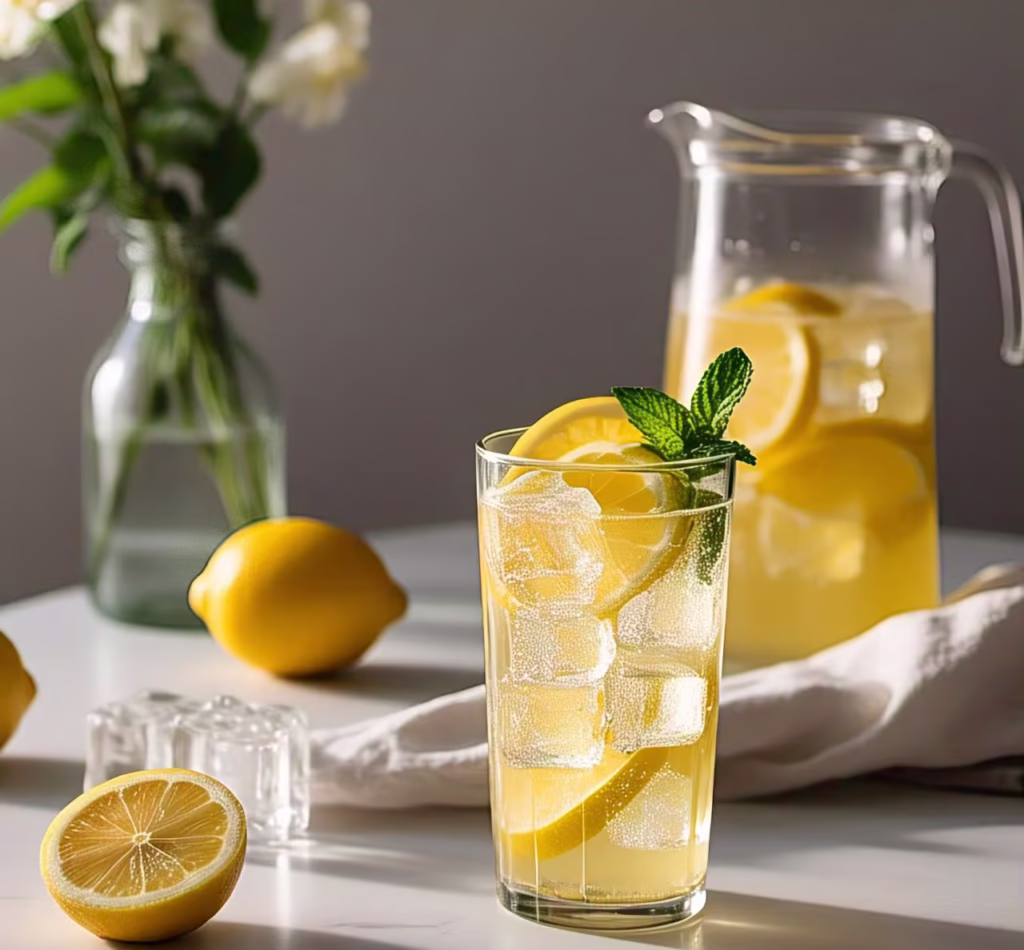 A tall glass of homemade lemonade with ice cubes, lemon slices, and a sprig of fresh mint.