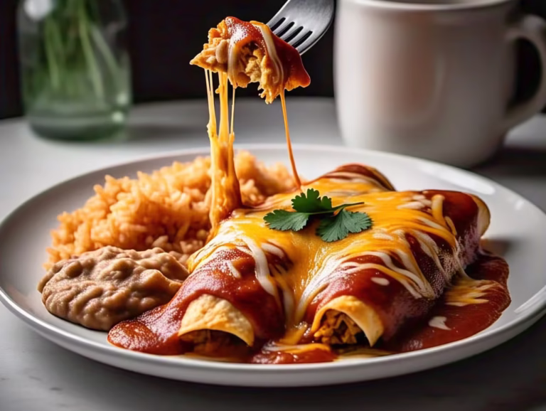 A plate of cheesy red enchiladas garnished with cilantro and served with rice and beans.