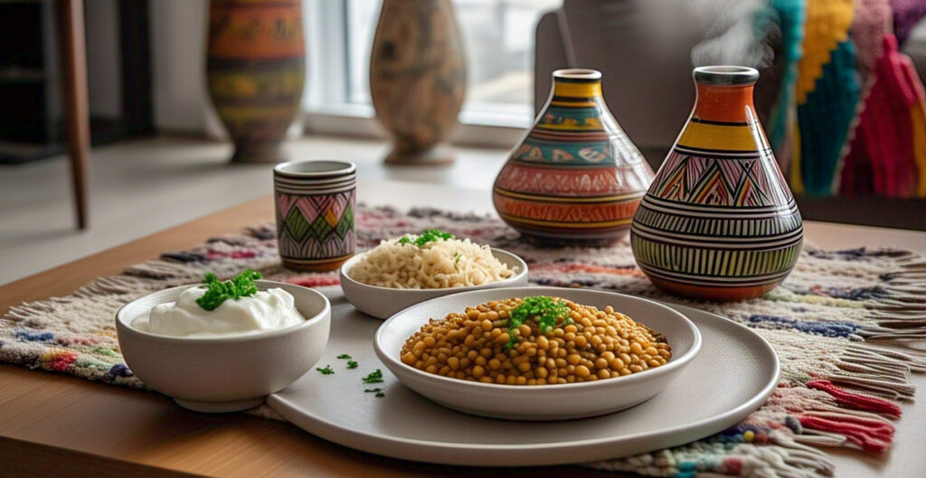 Moroccan Lentils: Flavorful, Easy One-Pot Meal 5 A Moroccan-inspired meal spread with lentils, couscous, and grilled vegetables.