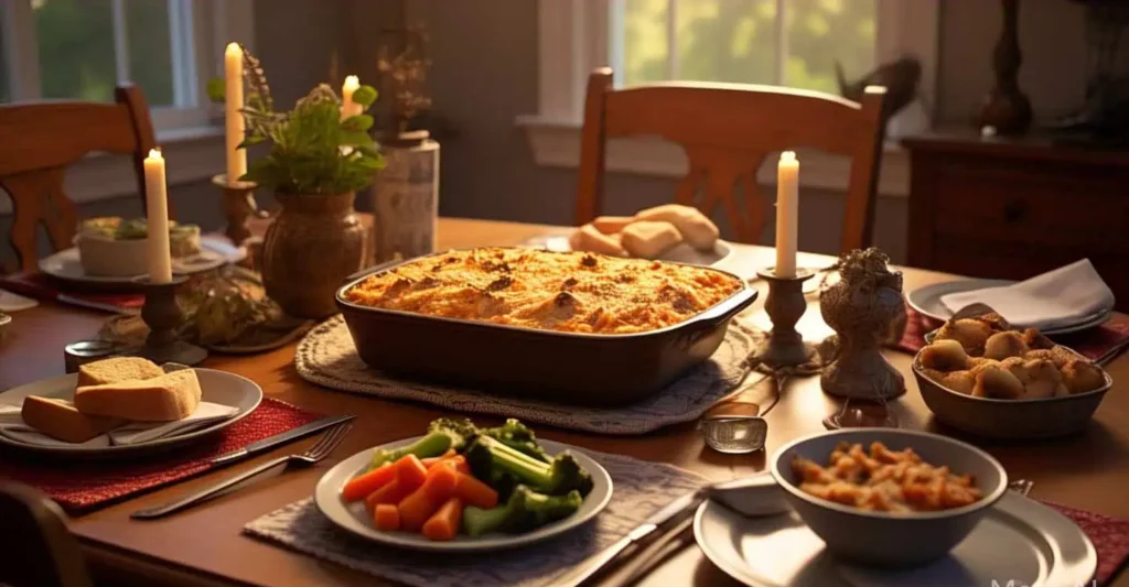 Best Cheesy Chicken and Rice Casserole 4 Family gathering around the dinner table enjoying cheesy chicken and rice casserole served with drinks and side dishes.