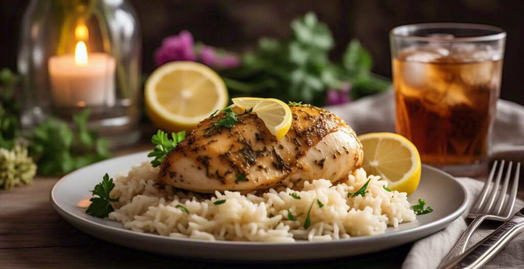 One-Pan Wonder: Easy Lemon Herb Chicken and Rice 4 Lemon herb chicken and rice served on a plate with herbs and a lemon wedge